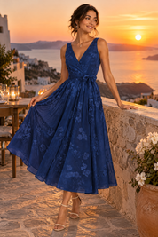 Robe midi fleurie bleu marine à la coupe patineuse | Deuxième photo lifestyle | Lounelle Paris