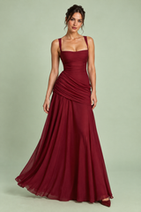 Burgundy Ruched Square-Neck Fit-and-Flare Dress