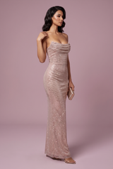 Sequin Cowl Neck Rose Gold Dress