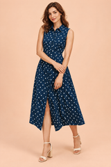 Navy Polka-Dot Halter Midi Dress