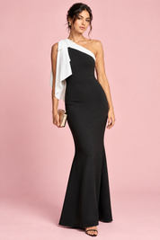 Robe longue noire à une épaule avec nœud | Vue de face | Lounelle Paris