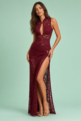 Burgundy Sheer Lace Bodycon Maxi Dress with Crew Neck and Side Slit