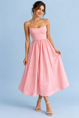 Pink Fit-and-Flare Pleated Midi Dress