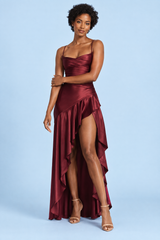 Burgundy Asymmetric Cowl-Neck Dress