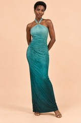 Turquoise Ombre Halter Maxi Dress with Ruched Details