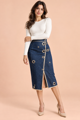 Blue High-Waist Pencil Midi Skirt