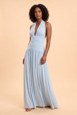 Sky Blue Plunge-Neck Maxi Dress With Gathered-Detailing