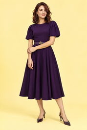 Robe midi violette à col montant et manches bouffantes | Vue de face | Lounelle Paris