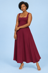 Burgundy Strappy Volume-Hem Midi Dress