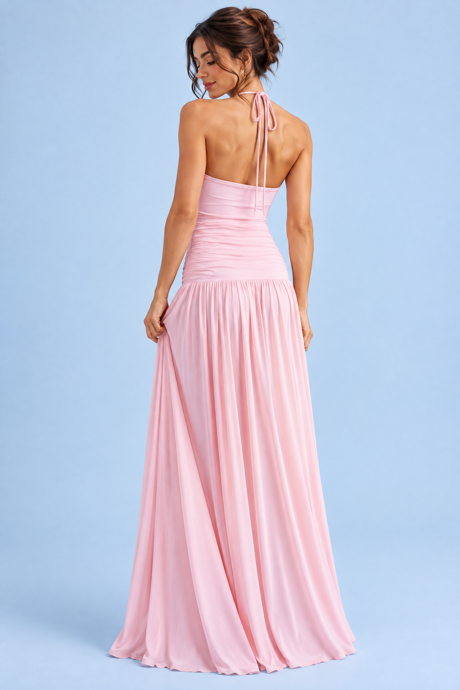 Robe longue rose à encolure carrée et fronces | Vue de dos | Lounelle Paris
