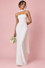 White Lace Bandeau Maxi Dress With Scarf-Detail
