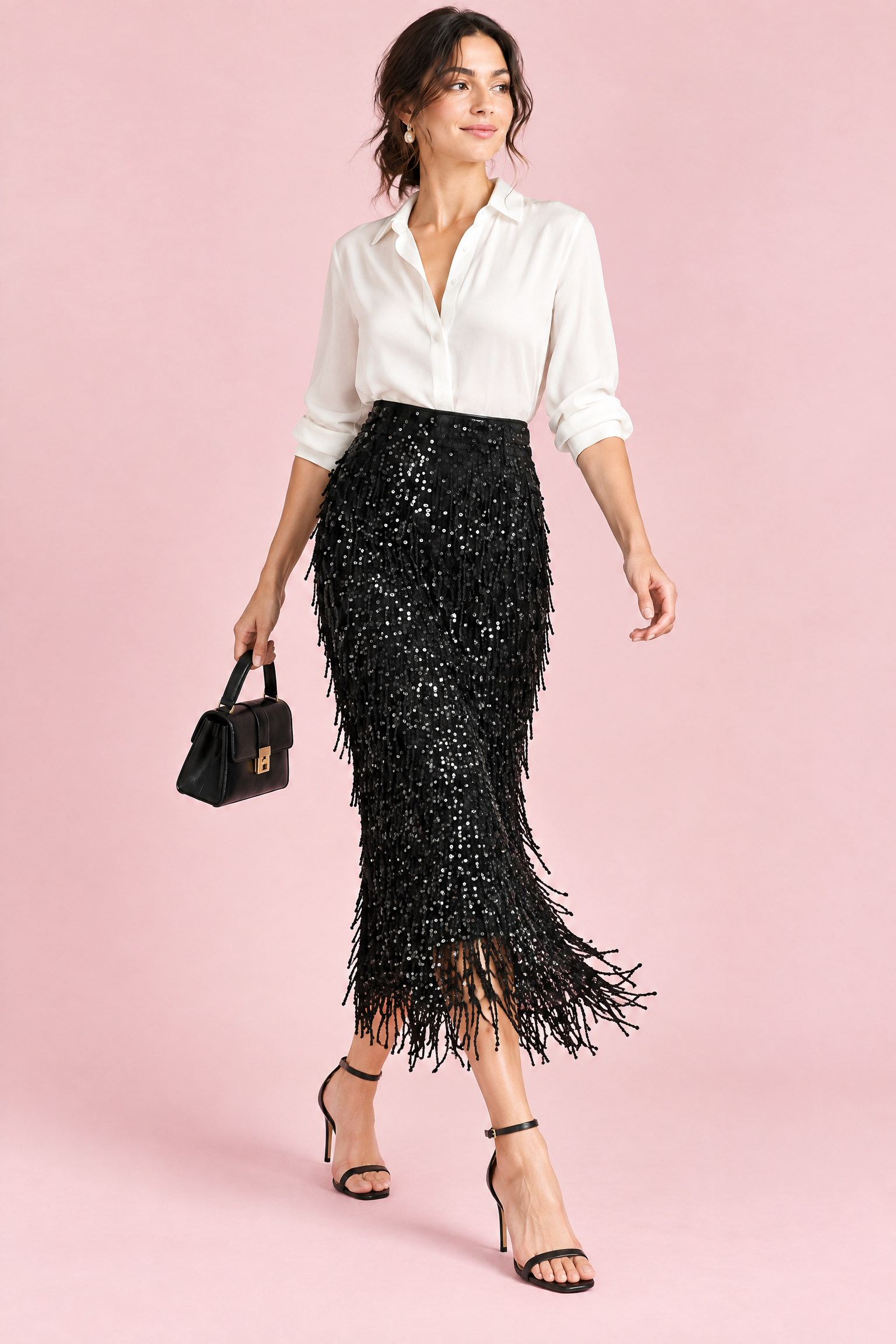 Jupe midi noire à franges et sequins | Vue en mouvement | Lounelle Paris