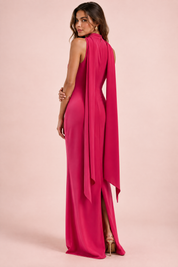 Robe nuisette longue satinée rose à col montant et ceinture à nouer | Vue de dos | Lounelle Paris