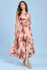 Pink Floral One-Shoulder A-Line Maxi Dress