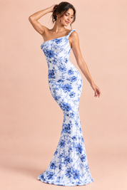 Robe longue asymétrique torsadée bleue | Vue en mouvement | Lounelle Paris