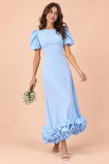Light Blue Puff Sleeve Ruffle Maxi Dress