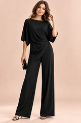Black Pleated Wrap-Front Wide-Leg Trouser Set