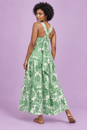 Robe midi verte à imprimé porcelaine et encolure carrée | Vue de dos | Lounelle Paris