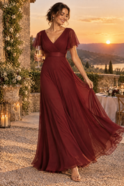 Robe longue plissée bordeaux à col V | Deuxième photo lifestyle | Lounelle Paris