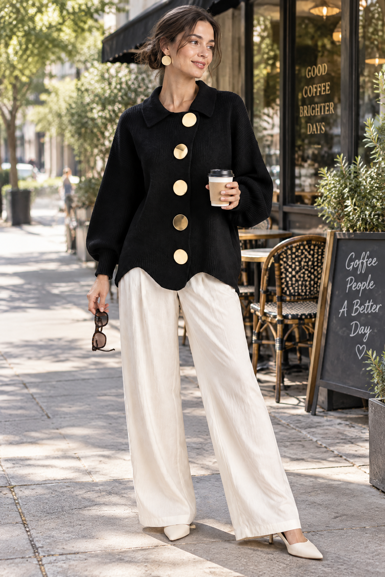 Cardigan oversize noir à col | Photo lifestyle | Lounelle Paris