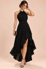 Black Asymmetric Ruffle Halter Dress