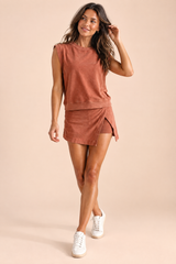 Terracotta Sleeveless Crew-Neck Skirt Set