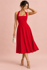 Red midi skater dress with a square neck