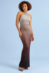 Long Grey Ombre Halter Dress with Ruched Details