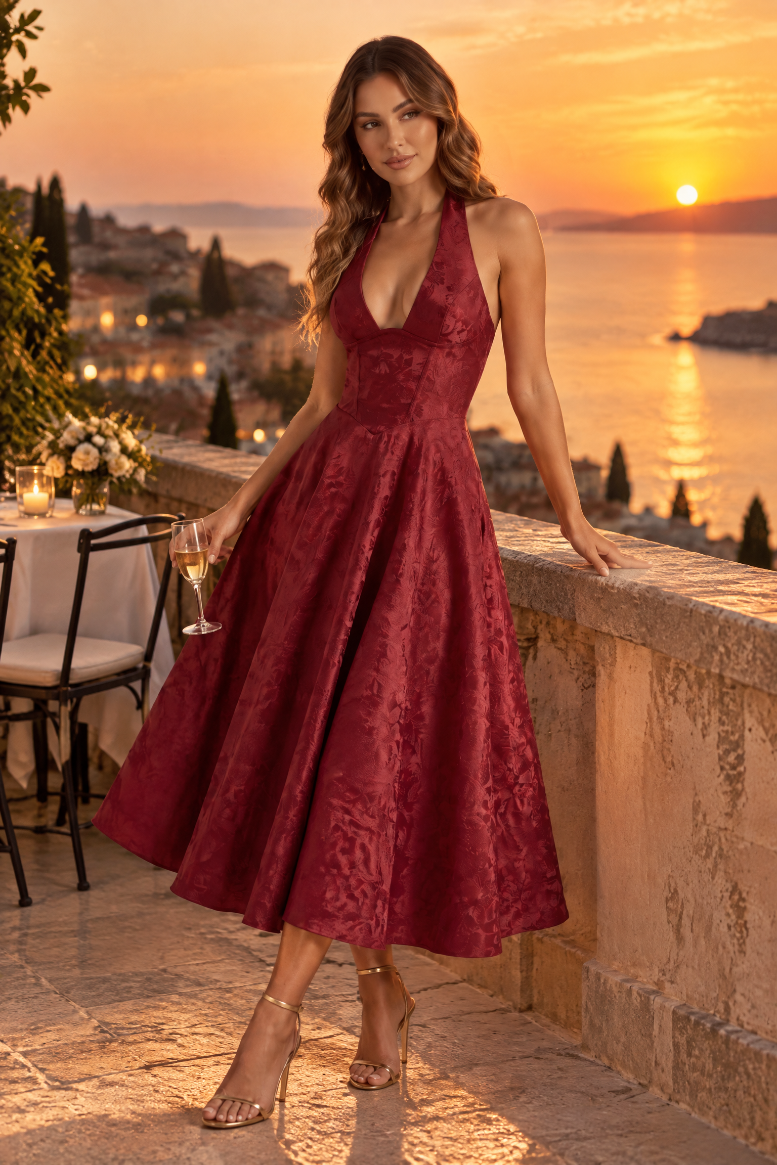 Robe midi jacquard à encolure dos nu bordeaux | Deuxième photo lifestyle | Lounelle Paris