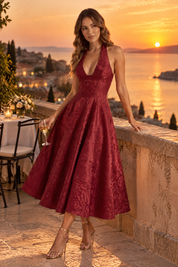 Robe midi jacquard à encolure dos nu bordeaux | Deuxième photo lifestyle | Lounelle Paris