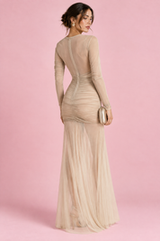 Robe longue moulante beige à fronces | Vue de dos | Lounelle Paris
