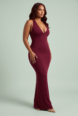 Burgundy Fitted Maxi Dress with Plunging V-Neck, Halter Neck and Open Back