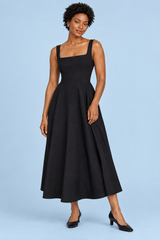 Black Strappy Volume-Hem Midi Dress