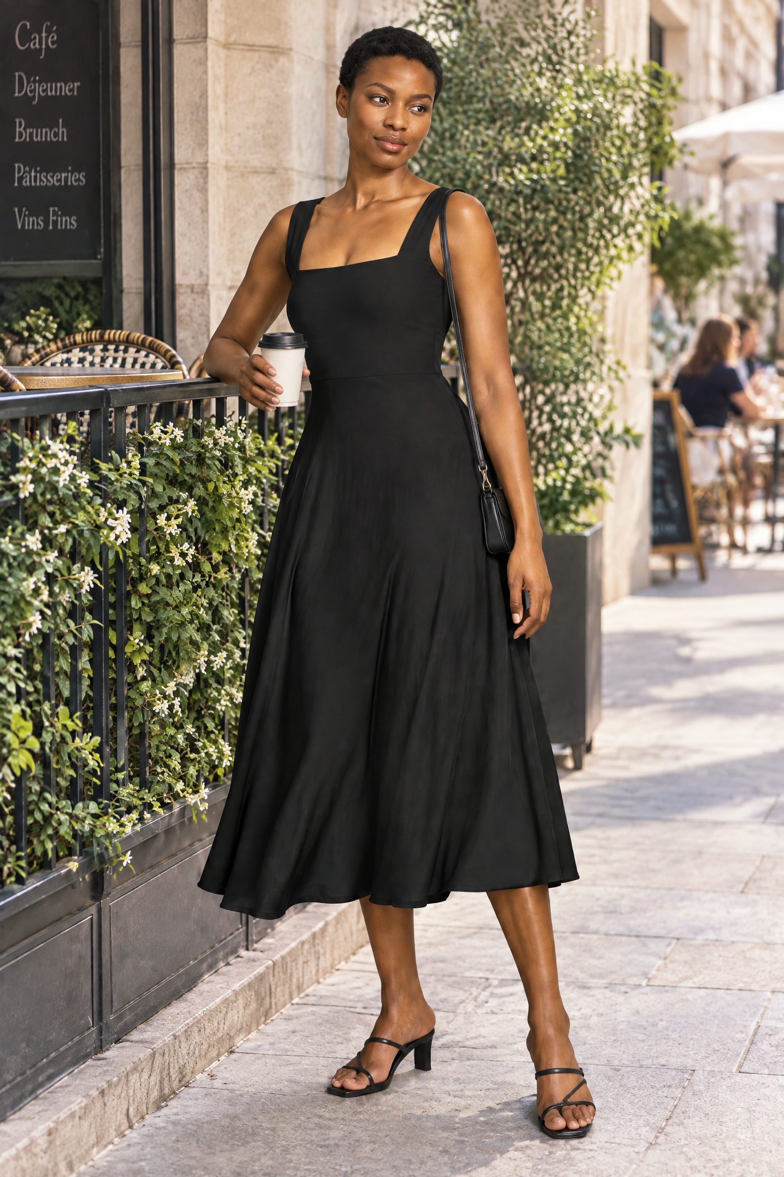 Robe midi noire à fines bretelles et jupe ample | Photo lifestyle | Lounelle Paris