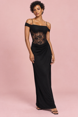 Black Ruched Lace Maxi Dress