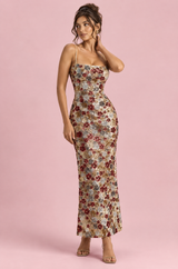 Gold Sequin Maxi Dress with Floral Embellishment and Square Neckline