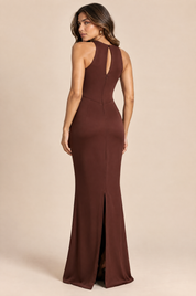Robe longue bordeaux à col rond et jupe satinée | Vue de dos | Lounelle Paris