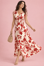 Robe longue écrue à fleurs et taille smockée | Vue en mouvement | Lounelle Paris