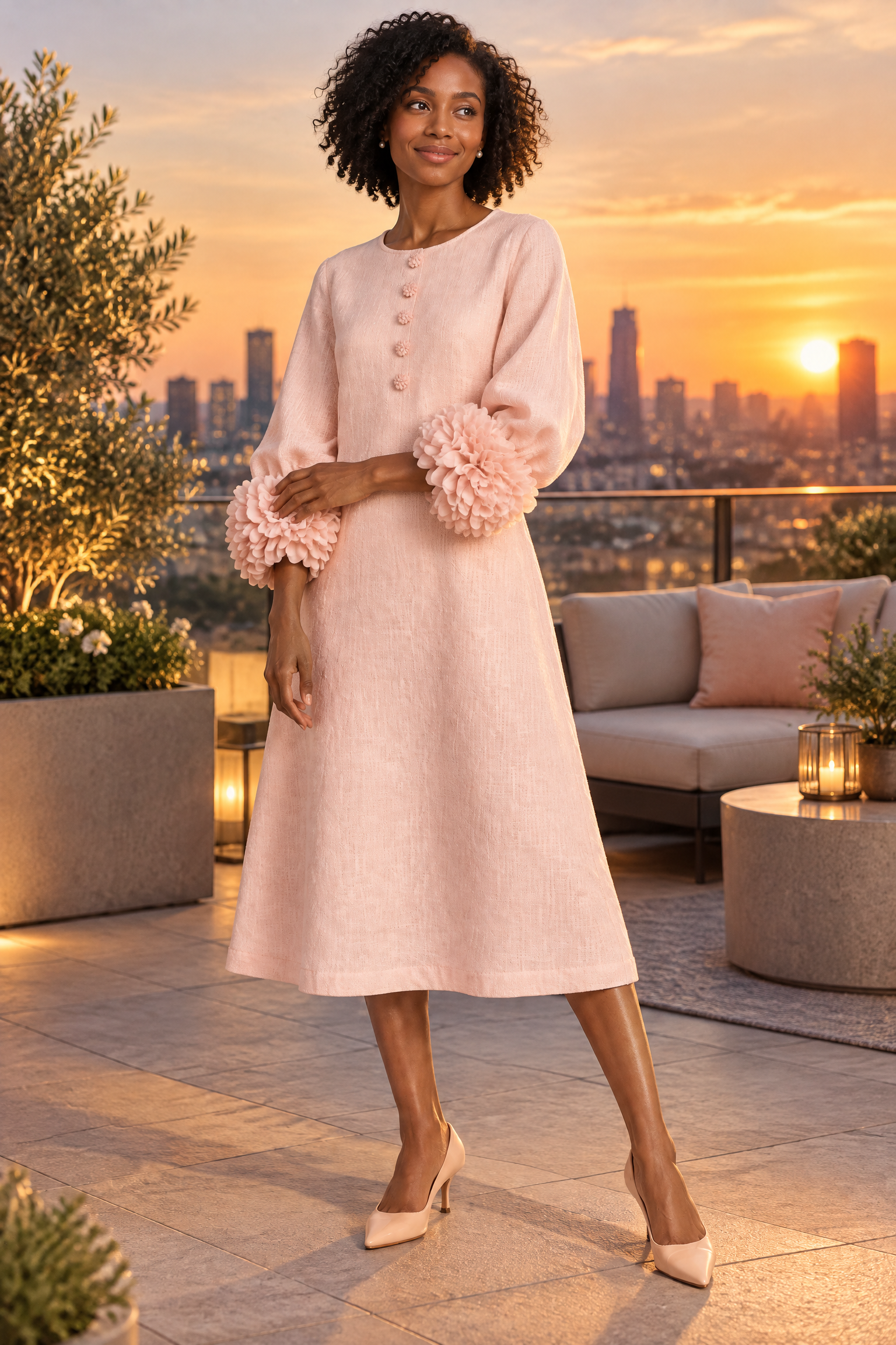 Robe midi rose coupe trapèze à manches bouffantes | Deuxième photo lifestyle | Lounelle Paris