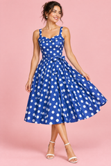 Blue Polka Dot Mini Dress with A-Line Skirt and Sweetheart Neckline