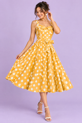 Yellow Polka Dot Midi Dress with A-Line Skirt and Sweetheart Neckline