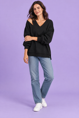 Black Cold-Shoulder V-Neck Top
