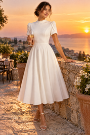 Robe midi blanche à col montant et manches bouffantes | Deuxième photo lifestyle | Lounelle Paris