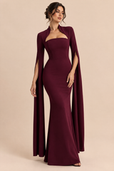 Burgundy Square-Neck Maxi Dress With Cape Sleeves