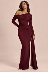 Burgundy One-Shoulder Asymmetric Maxi Dress with Draped Detail