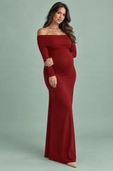 Burgundy Maternity Ruched Mesh Bardot Maxi Dress