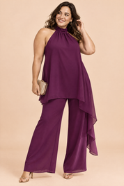 Ensemble pantalon fluide violet sans manches | Porté sur une silhouette plus ronde | Lounelle Paris