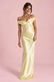Robe longue froncée jaune clair épaules dénudées | Vue de face | Lounelle Paris