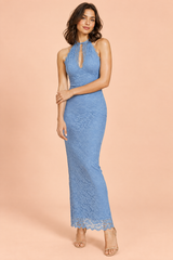 Light Blue Lace Asymmetric-Neck Maxi Dress With Collar-Detail