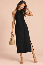 Robe midi noire plissée sans manches à fente | Vue de face | Lounelle Paris